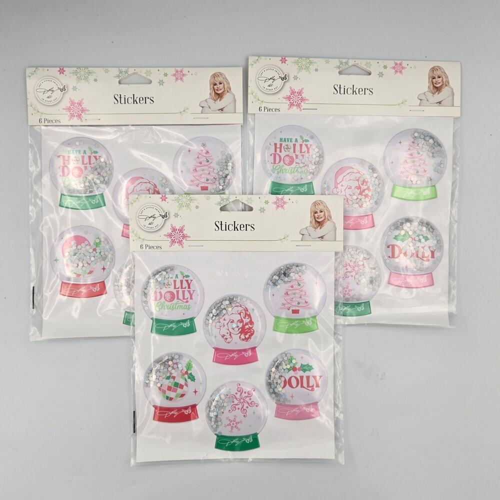 Lot of 3 Dolly Parton Christmas Stickers 3D Puffy Snow Globe Shaker Confetti 6pc